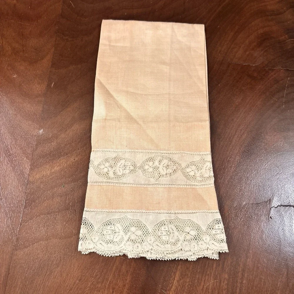 Vintage Fingertip Towels Set of 3 Linen Lace Trim Pink Peach Orange Guest Towels